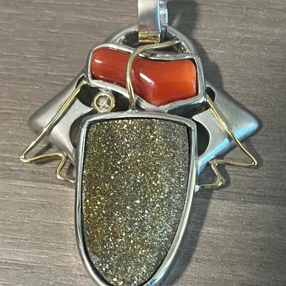 925 Sterling Silver Pendant with Red Coral and Gold Crystal